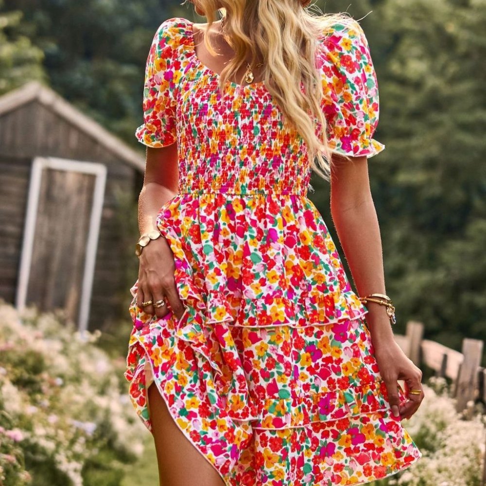 Smocked Sweetheart Neck Flounce Sleeve Mini Dress